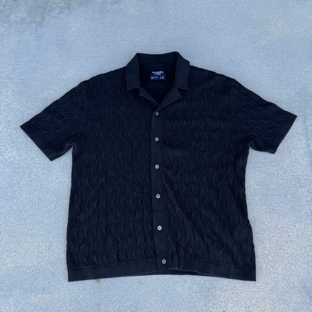 Abercrombie & Fitch Mens Black Wavy Textured Knit Button Up Sweater Polo Shirt M